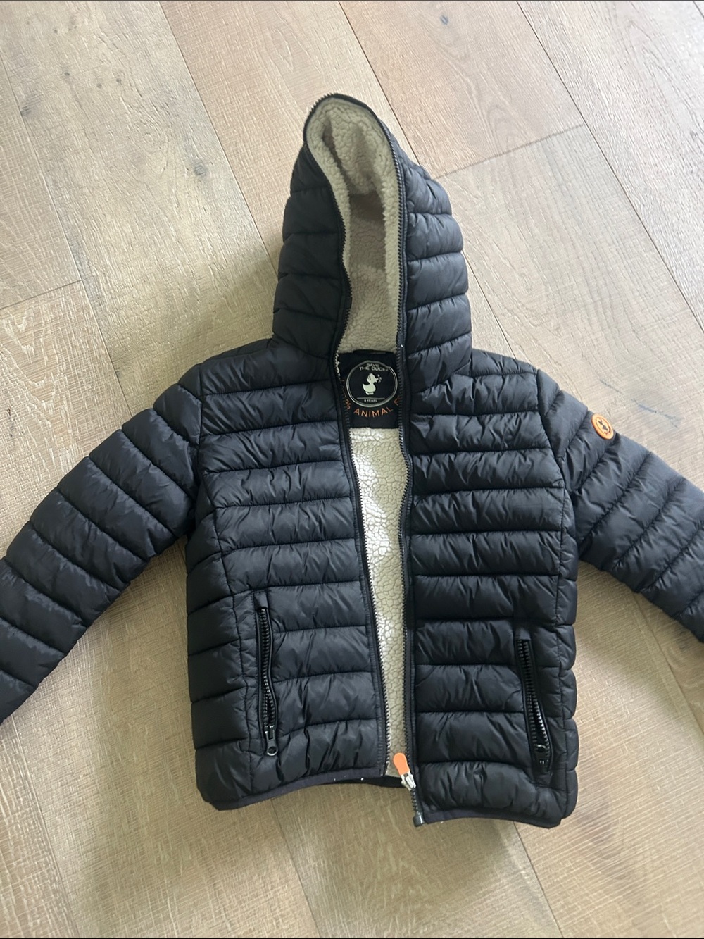 Save the Duck Black Hooded Puffer Jacket with Cream Sherpa Lining